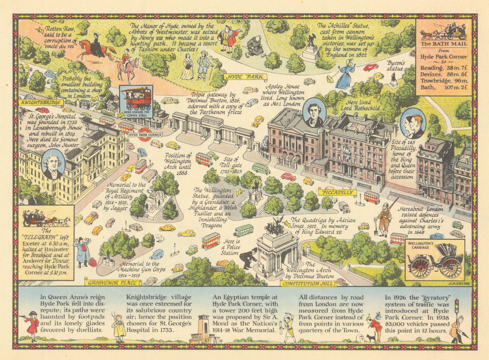 A Bird's-eye View of Hyde Park Corner #12 JP Sayer's Survey of London 1947 map